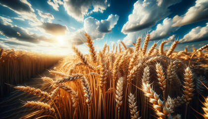 A ripe wheat field on an agricultural land with a blue sky and clouds. Harvest.
