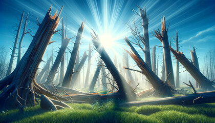 Broken trees in spring, sky blue, sun is shining, grass green, protecting of nature.
