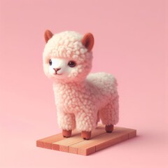 Сute fluffy baby alpaca toy on a pastel pink background. Minimal adorable animals concept. Wide screen wallpaper. Web banner with copy space for design.