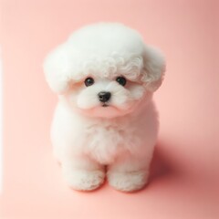 Сute fluffy white bichon frise puppy toy on a pastel pink background. Minimal adorable animals concept. Wide screen wallpaper. Web banner with copy space for design.