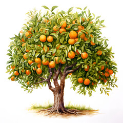 Watercolor painting of an orange tree on a white background.