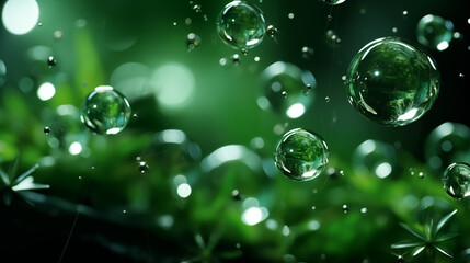 Bubbles underwater with bokeh effect. Background in green. AI generative