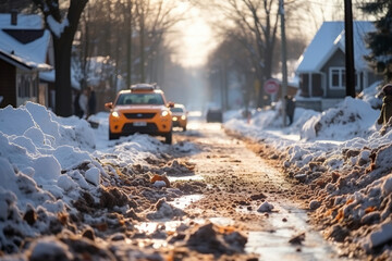 A yellow taxicab is driving down a snowy street. The taxi is a familiar sight in many cities around...