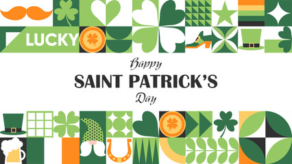Happy St. Patrick's Day geometric abstract background with a leprechaun hat, clover, gold coins, beer and simple forms. Trendy horizontal vector illustration for banner, poster, cover, social media. - obrazy, fototapety, plakaty
