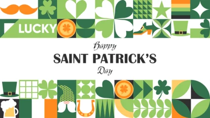 Poster Happy St. Patrick's Day geometric abstract background with a leprechaun hat, clover, gold coins, beer and simple forms. Trendy horizontal vector illustration for banner, poster, cover, social media. © Katerina Gems