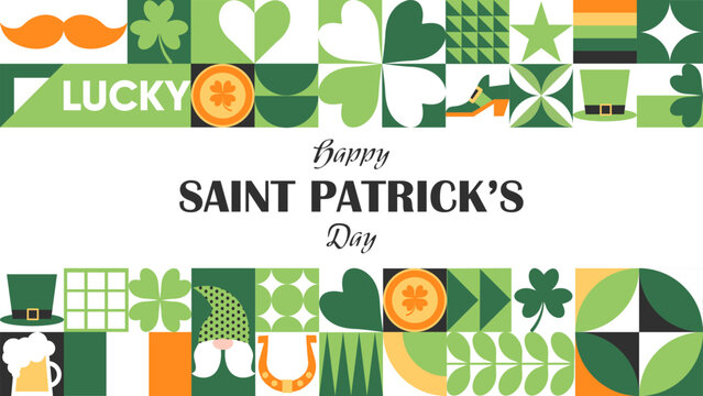 Happy St. Patrick's Day geometric abstract background with a leprechaun hat, clover, gold coins, beer and simple forms. Trendy horizontal vector illustration for banner, poster, cover, social media.