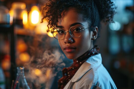 In the cutting-edge laboratory, the accomplished afro-American woman scientist passionately explores the realms of science and medicine, embodying expertise and innovation. 