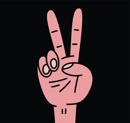 Hand gesture V sign for victory or peace icon. Doodle cartoon style. Isolated vector illustration on white background. - 703261295