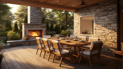 Sunny dining space with fireplace