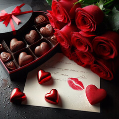 Gift for Valentine's Day. Red roses and love note, chocolate. Valentine's Day concept.