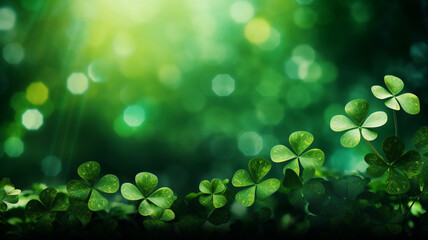 beautiful Shamrocks on a green background. celebrate Saint Patrick's Day with wide copy space for text
