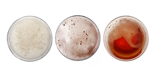 Set glass of beer with bubble isolated on white, top view