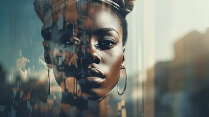 Double exposure image between Portrait face of African woman with city © Yuwarin