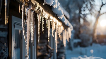 Long narrow icicles on house on window with snow - obrazy, fototapety, plakaty