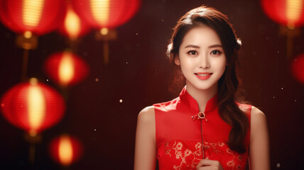 Happy Asian family on red Chinese New Year lantern background - obrazy, fototapety, plakaty