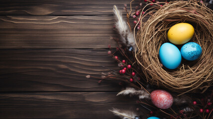 Nest with easter eggs on wooden background with wide copy space for text