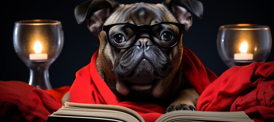 Smart and sophisticated dog wearing stylish glasses sitting on chairs and reading a newspaper