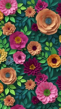 3d vertical video, abstract pink peachy orange paper flowers appearing over dark green background, colorful botanical motion design, blooming live image, creative floral wallpaper