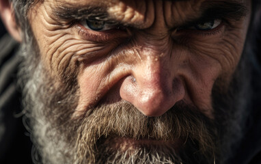 A grumpy person man, close up shot