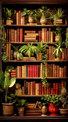 Fototapeta na wymiar Vintage books and potted house flowers on the shelves of the rack. Vertical Photo