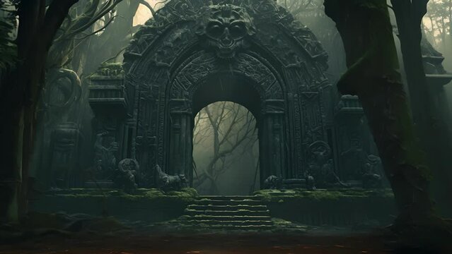 An ancient gateway stands marred by strange symbols foreboding a sense of dread to all who pass through.