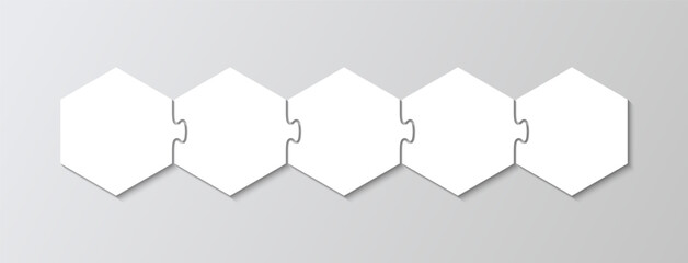 Hexagon puzzle infographics with 5 pieces in a row. Jigsaw business chain infographic. Process diagram presentation. Business info graphic with steps, parts. Hexagonal grid. Vector illustration