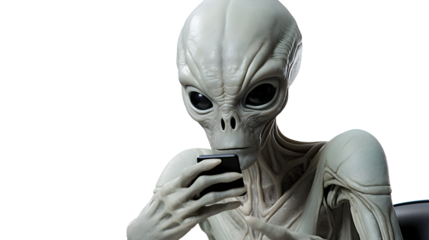 Alien Using Mobile PNG, Transparent background alien, Extraterrestrial creature graphic, Sci-fi icon, Alien with smartphone image, Technology and alien illustration, Futuristic concept file