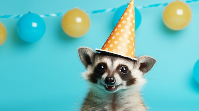 Happy racoon with colorful party hat and balloons. Isolated on solid background advertisement, copy text space. Birthday party invite. Generative AI.