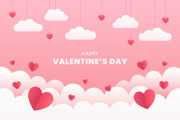 Happy Valentine's day background template with hanging clouds and hearts for poster or banner. Place for text.