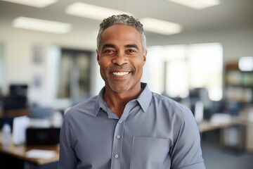 Obraz premium Portrait of a mature smiling businessman working in a modern office looking at the camera. A middle-aged man, smiling handsome businessman-entrepreneur