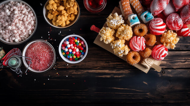 Carnival theme food table scene over a dark wood banner background. Top down view. Summer fair concept. Corn dogs, funnel cake, cotton candy and snacks, Ai generated image