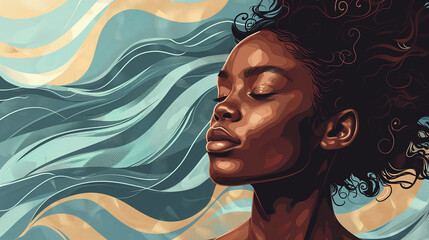 Abstract illustration black african american woman meditating practicing self love mindfulness wellbeing, against blue psychic wave background