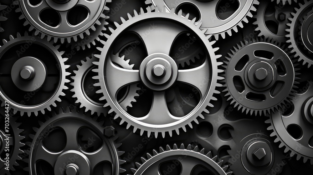 Poster Retro black and white background of industrial cogs or gears with movement