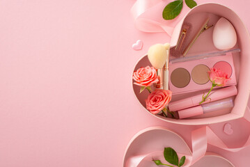Celebrate her with heart-shaped box filled with beauty essentials: lip gloss, brushes, eyeshadow, mascara, barrettes, and more. Top view photo on pastel background adorned with roses and hearts
