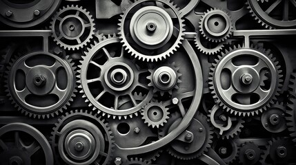 Retro black and white background of industrial cogs or gears with movement - obrazy, fototapety, plakaty