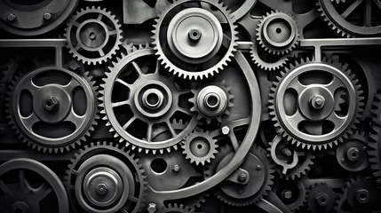 Poster Retro black and white background of industrial cogs or gears with movement © Lubos Chlubny