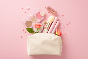 Unveil romance through gifts: Top view of cosmetic bag adorned with love—lip gloss, brushes,...