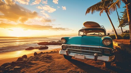 An old car parked on a tropical beach with a canoe on the roof. - Powered by Adobe
