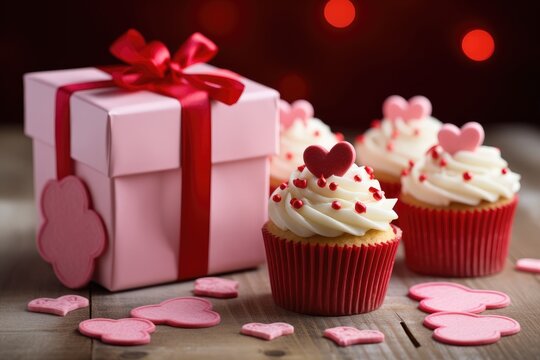 A group of cupcakes with red frosting and hearts