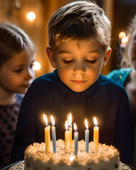 Chłopiec świętujący urodziny przy torcie ze świeczkami - obrazy, fototapety, plakaty