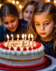 Tort z palącymi się świeczkami i dziewczynka świętująca urodziny - obrazy, fototapety, plakaty