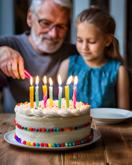 Dziadek zapalający świeczki na urodzinowym torcie wnuczki - obrazy, fototapety, plakaty