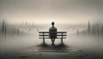 A poignant portrayal of apathy depicted as a solitary figure sitting on a bench - obrazy, fototapety, plakaty