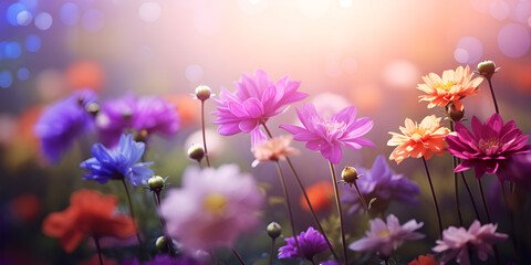 Flowers in a field with a blurry background and a sun,,
A field of flowers with a purple background,,
Blooming Meadow with Purple Hues