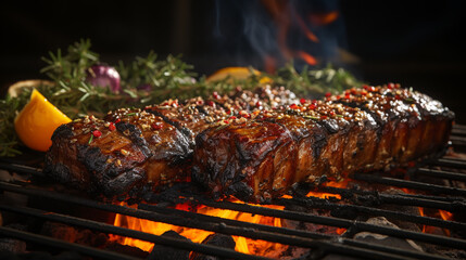 bbq pork ribs cooking on flaming grill shot with selective focus - obrazy, fototapety, plakaty