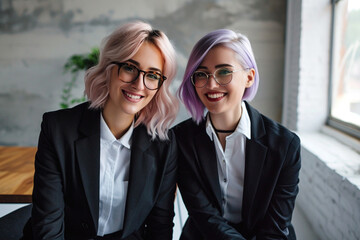 Two happy smiling creative hipster woman with short dyed green hair working in office workspace. Modern youth subculture gen generation z young professionals self expression confidence concept