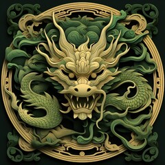 Green Wooden Dragon year border flat style on black background Generative AI 