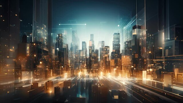 An abstract visualization of a virtual city, with AI agents constantly analyzing and optimizing its spatial layout and functionality, demonstrating the potential of spatial computing for