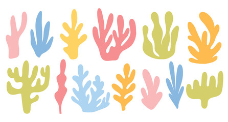 Seaweed set in silhouette style. Collection of colored underwater plants. Flat style. vector illustration.