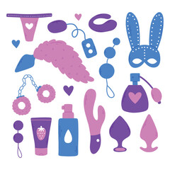 Set of sex toys. Collection of toys for adults. Vector illustration. Flat style. Sex shop set. Erotic elements set. BDSM toys.
